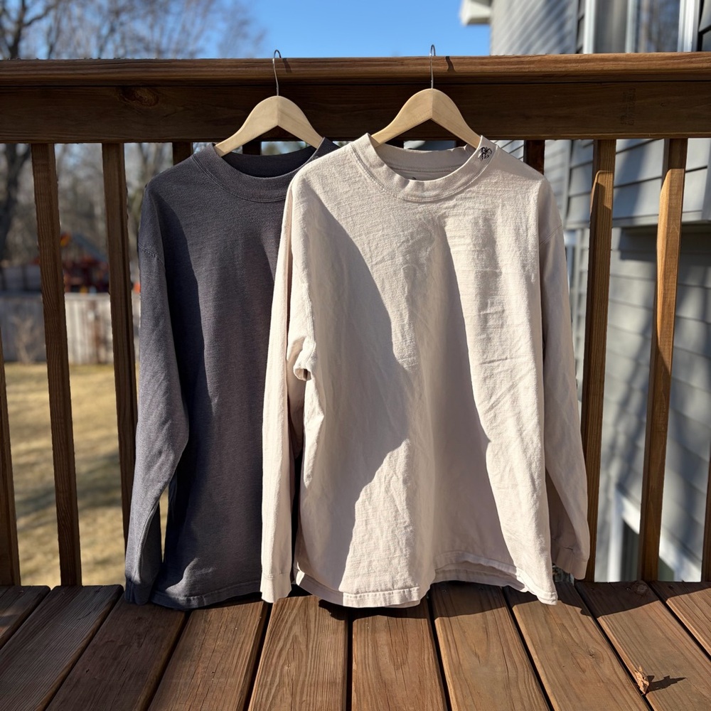 Two Legendary Whitetails Men's Long Sleeve Crewneck Tees in Cream and Charcoal